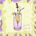 Lavender Lemonade homemade classic in glass cup with drinking straw and lemon wedge. Refreshing summer drink vector clip art