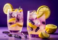Lavender lemonade with ice and lemon in the drinking glass Royalty Free Stock Photo
