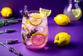 Lavender lemonade with ice and lemon in the drinking glass Royalty Free Stock Photo