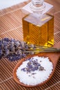 Lavender massage oil and bath salt aroma therapy wellness Royalty Free Stock Photo