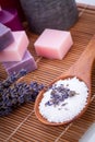 Lavender massage oil and bath salt aroma therapy wellness Royalty Free Stock Photo