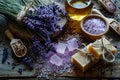 Lavender, oil essence, handmade soap and sea salt on a wooden background. Royalty Free Stock Photo