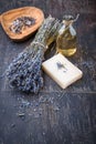 Lavender oil, herbal soap and bath salt Royalty Free Stock Photo