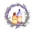 Lavender oil - perfume bottle in lavender flowers wreath. Watercolor for cosmetic design Royalty Free Stock Photo