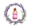 Lavender oil - perfume bottle in lavender flowers wreath. Watercolor for cosmetic, beauty design Royalty Free Stock Photo