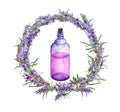 Lavender oil - perfume bottle in lavender flowers wreath. Watercolor for cosmetic, beauty design