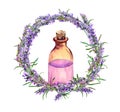 Lavender oil - perfume bottle in lavender flowers wreath. Watercolor for cosmetic, perfume design