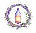 Lavender oil - perfume bottle in lavender flowers wreath. Watercolor for perfume, beauty design Royalty Free Stock Photo