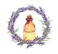 Lavender oil - perfume bottle in lavender flowers wreath. Watercolor for medicine design Royalty Free Stock Photo
