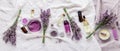 Lavender oils serum lavender flowers on white. Skincare cosmetics products. Set natural spa beauty products. Lavender essential