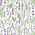 Lavender pattern with purple flowers and leaf. Seamless floral background, repeating print. Botanical repeatable texture