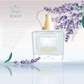 Lavender Perfume bottle Cosmetic ads template, droplet mock up on dazzling background. Place for brand text