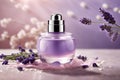 Lavender perfume in glass bottle with lavender flowers on light background