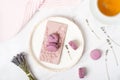 Lavender pink chocolate on a white table