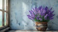 Lavender plant in a rustic pot - generative ai Royalty Free Stock Photo