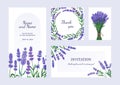 Lavender posters. Greeting card and invitation with bouquets of odorous garden flowers. Purple blooming plants