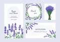 Lavender posters. Greeting card and invitation with bouquets of odorous garden flowers. Purple blooming plants. Celebration