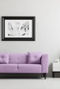 Lavender purple, trendy sofa and a framed photo mock-up in a gray living room interior with place for a lamp