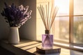 Lavender reed diffuser in pastel purple bottle on wooden sunny windowsill. Home made spa, skincare and cosmetology concept