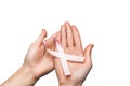 Lavender ribbon in hands, symbol all cancer, pink color breast c