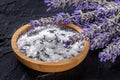 Lavender sea salt with a bunch of lavandula flowers, aromatic herb for cooking Royalty Free Stock Photo