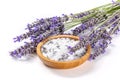 Lavender sea salt with a bunch of lavandula flowers, aromatic herb for cooking Royalty Free Stock Photo