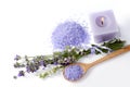 Lavender, sea salt and candle on a white background Royalty Free Stock Photo