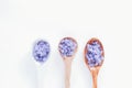 Lavender sea salt in the spoons. Royalty Free Stock Photo