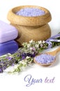 Lavender, sea salt and soap on a white background Royalty Free Stock Photo