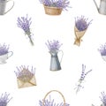 Lavender seamless Pattern with floral Provence bouquets. Hand drawn watercolor illustration of floral vintage ornament Royalty Free Stock Photo