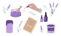 Lavender set aromatherapy accessories with essential oils. Essential oil, book, salt, candles, hand with pipette and