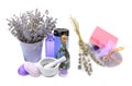 Lavender shampoo, soap and scented candles isolated on white . Collage