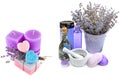 Lavender shampoo, soap and scented candles isolated on white . There is space for text. Collage Royalty Free Stock Photo