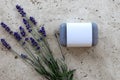 Lavender soap with lavender flowers on stone plate