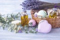 Lavender soap, fragrance oil, foam bombs and fresh lavender flowers Royalty Free Stock Photo