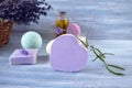 Lavender soap, fragrance oil, foam bombs and fresh lavender flowers Royalty Free Stock Photo