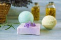 Lavender soap and lavender flowers Royalty Free Stock Photo