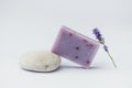 Lavender soap on the pedestal from stone. Royalty Free Stock Photo