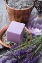 Lavender soap and perfume oil, made from fresh lavender flowers, aroma spa treathment and bodycare for women Royalty Free Stock Photo