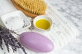 Lavender Soap with Text Lavande Natural Ingredients for Homemade Body Salt Scrub Oil Royalty Free Stock Photo