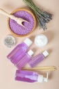 Lavender SPA cosmetics, flat lay. soap, essential oils, bath salt Royalty Free Stock Photo