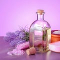 Lavender spa products with natural oil, soap, sea salt and lavender flowers Royalty Free Stock Photo