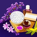 Lavender spa products on wooden tray. Vector illustration in flat style generative AI Royalty Free Stock Photo