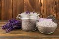 Lavender spa.Sea salt,lavender flowers,aroma candle,body cream and handmade soap Royalty Free Stock Photo