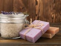 Lavender spa.Sea salt,lavender flowers,aroma candle,body cream and handmade soap Royalty Free Stock Photo