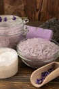 Lavender spa.Sea salt,lavender flowers,aroma candle,body cream and handmade soap Royalty Free Stock Photo