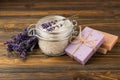 Lavender spa.Sea salt,lavender flowers,aroma candle,body cream and handmade soap Royalty Free Stock Photo