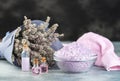 Lavender spa setting: salt, essential oil and dried flowers natural spa products and decor for bath on light background Royalty Free Stock Photo