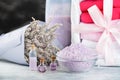 Lavender spa setting: salt, essential oil and dried flowers natural spa products and decor for bath on light background