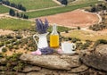 Lavender still life with cup of coffee against fields in Provence, France Royalty Free Stock Photo